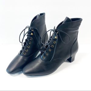 FSJ Witch Black Vintage Boots Block Heel Lace Up Ankle Boots for Halloween